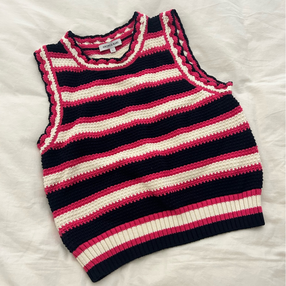 Veronica Beard Jensie striped crocheted cotton vest navy, hibiscus & off white